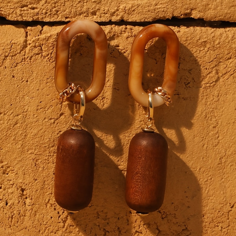 [1 Pair Bohemian Tassel Earrings] 1 Pair Bohemian Geometric Acrylic Wooden Tassel Earrings - Stainless Steel Post, Resin Inlay, Boho Style, Daily Charm & Beach Vacation Accessory