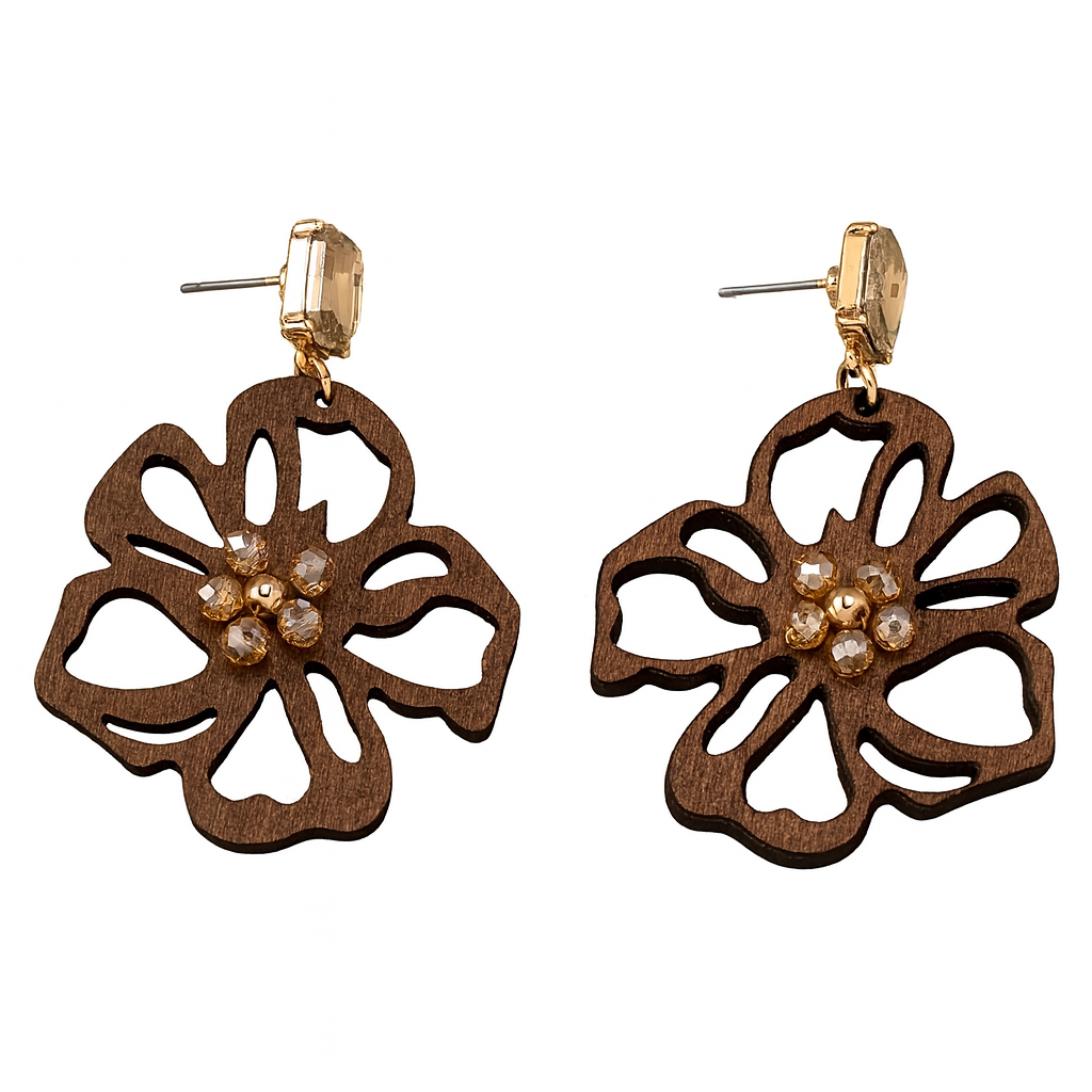 A Pair of Vintage Bohemian Style Niche Design Hollow Wooden Flower Creative Everyday Versatile Women'S Fashion Earrings.