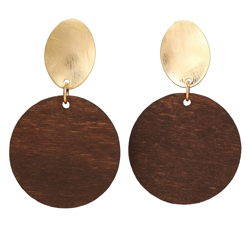 Women's Elegant Circular Wooden Earrings - Golden-Toned, Everyday & Formal Events - Recycled Wood Jewelry - Year-Round Bohemian Chic Accessories - Perfect Gift for Women, Minimalist Design, Brushed Metal Accents, Fashion Love