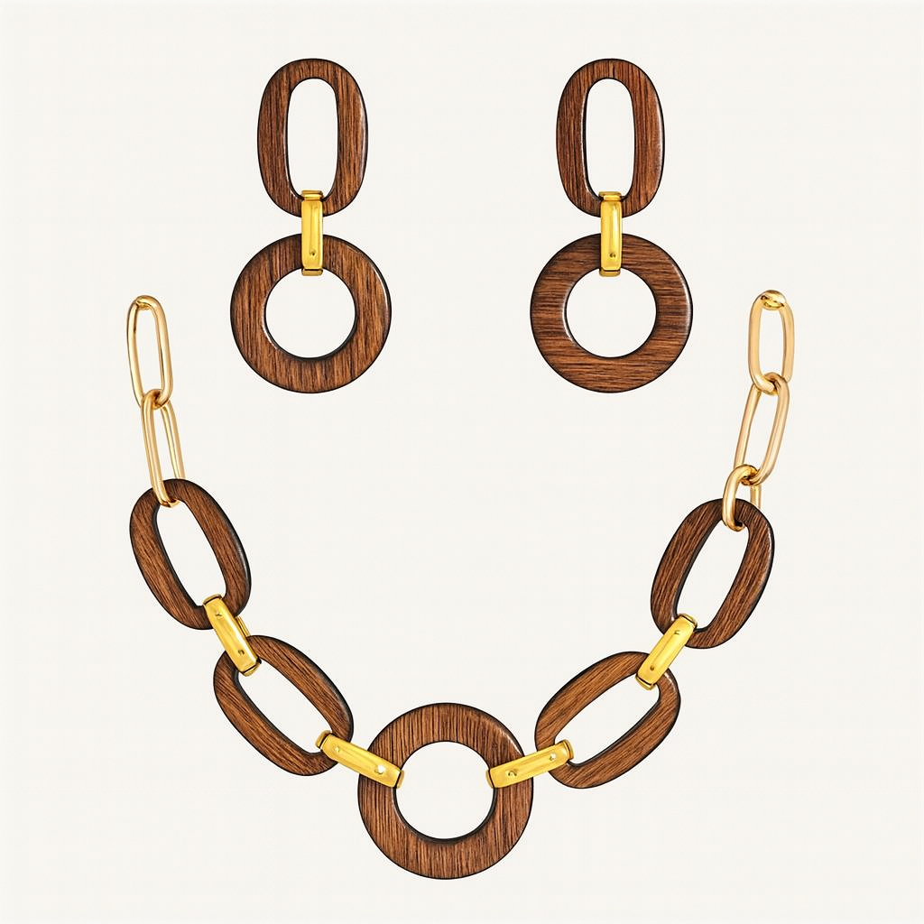 Vintage Boho Wooden Jewelry Set - Elegant Matte Finish Statement Necklace and Earrings Combo, Unplated Fashion Accessories for Daily and Party Occasions, Versatile All-Season Wear, Includes 1 Necklace + 1 Pair Earrings