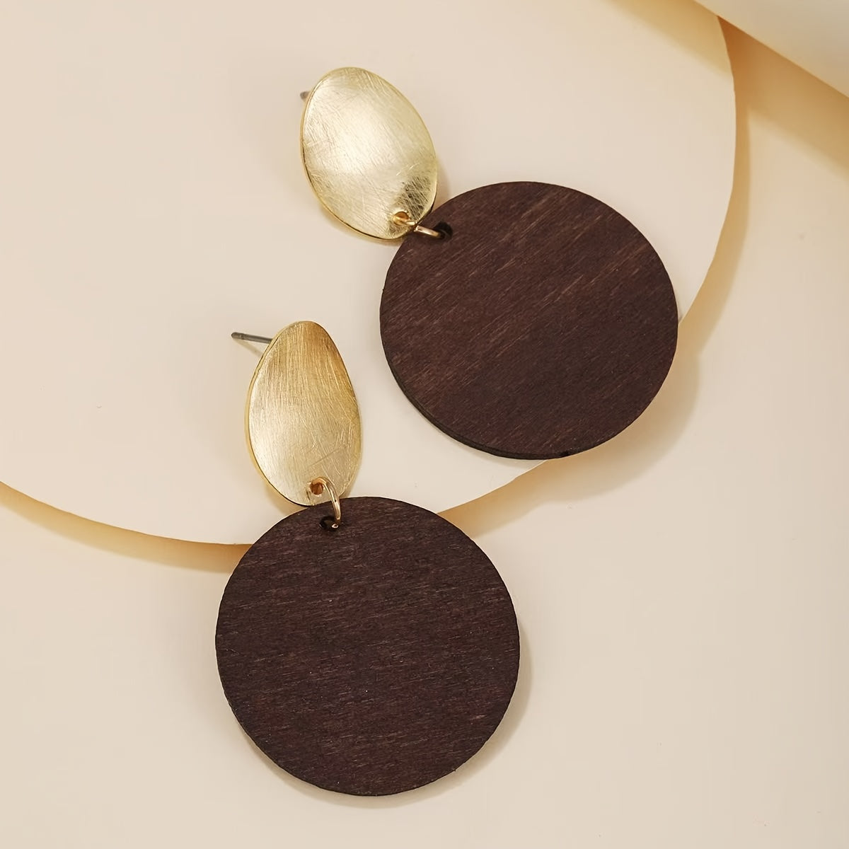 Women's Elegant Circular Wooden Earrings - Golden-Toned, Everyday & Formal Events - Recycled Wood Jewelry - Year-Round Bohemian Chic Accessories - Perfect Gift for Women, Minimalist Design, Brushed Metal Accents, Fashion Love